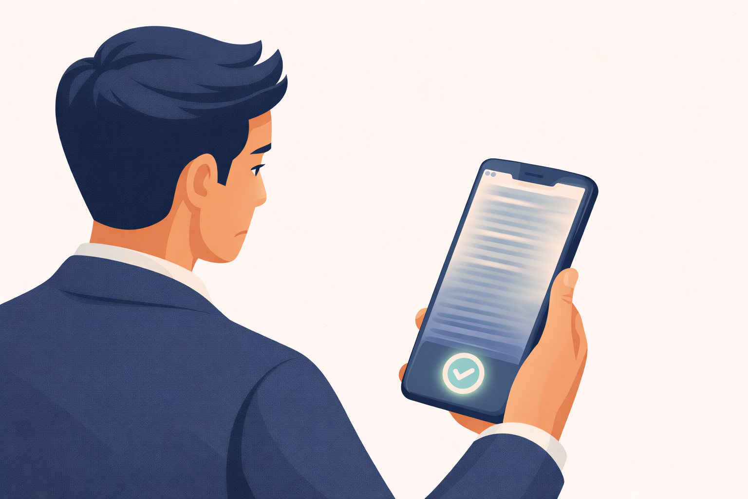 A flat vector illustration of a person looking at a smartphone while a long document scrolls quickly on the screen with a blur effect, showing disengaged reading and a quick checkmark confirmation at the bottom