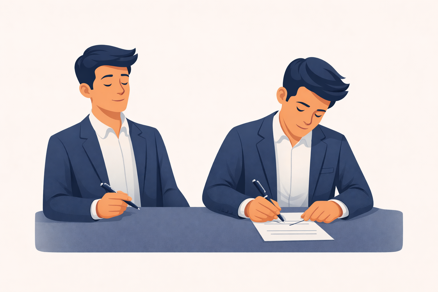 A flat vector illustration of one person signing a document while a second person acting as a witness looks away with eyes closed, representing a lack of proper observation during signing