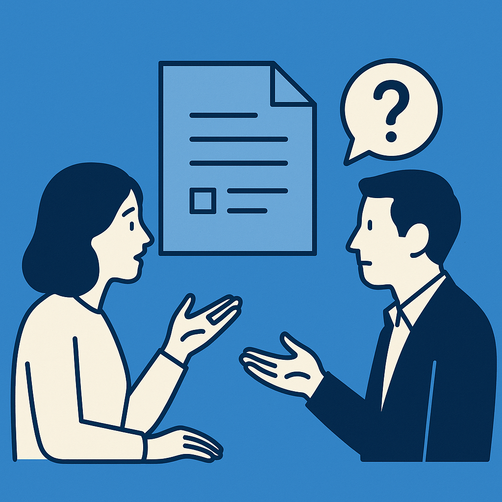 Illustration of two people discussing a contract with a question mark between them, set against a blue background, symbolising confusion and lost context in agreements.