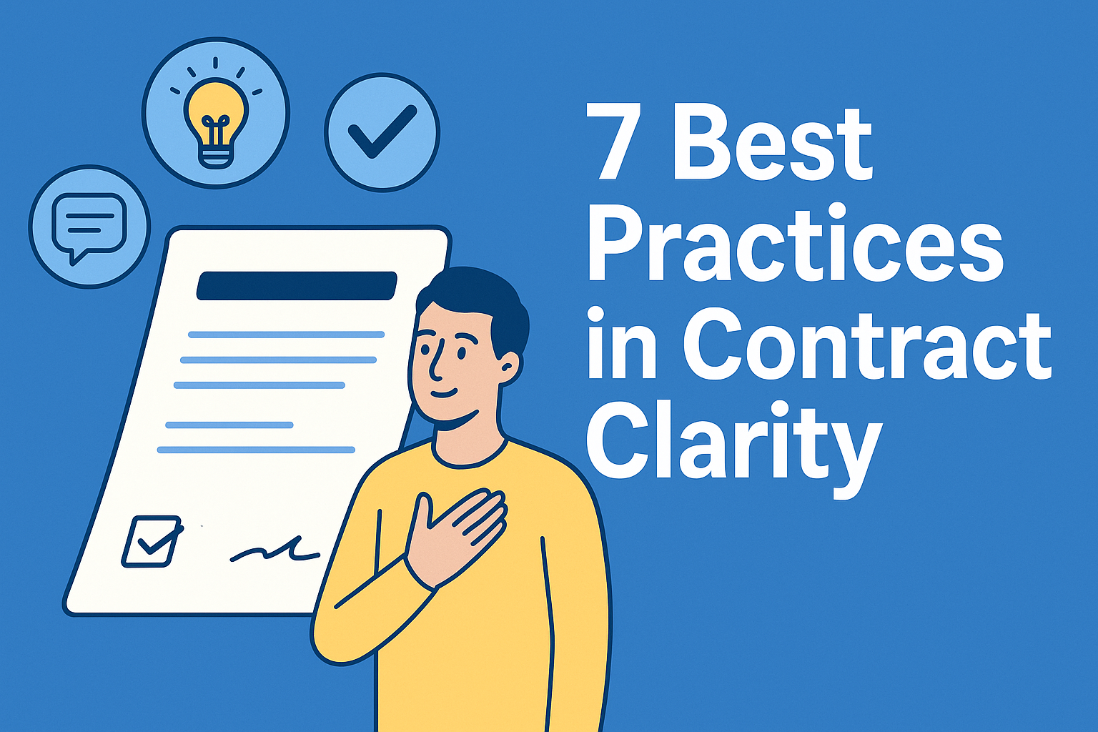 Wide banner illustration with the words “7 Best Practices in Contract Clarity” beside a simplified contract, icons for ideas, communication, and confirmation, and a person placing a hand on their chest to represent trust and understanding.