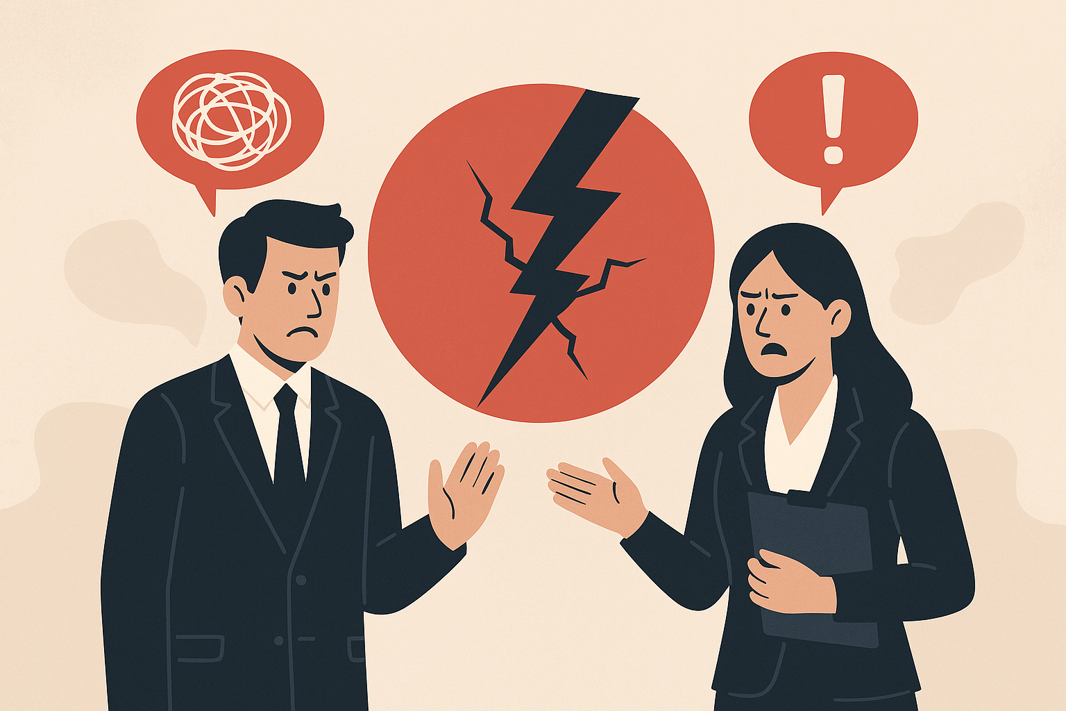 Two business professionals facing each other with speech bubbles showing confusion and urgency, separated by a cracked lightning bolt symbolizing miscommunication and conflict.