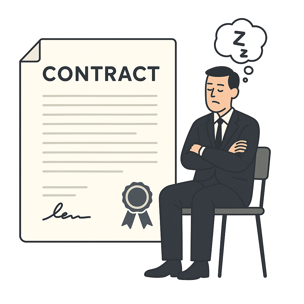 Illustration of a businessman sitting bored beside a large contract, symbolizing low engagement with important agreements.