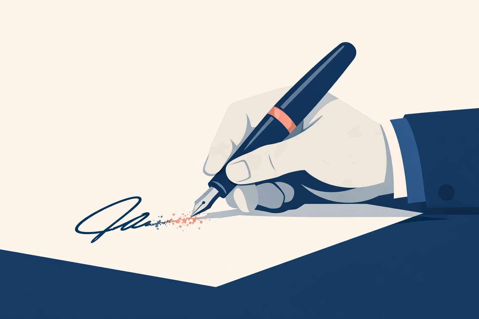 A flat vector illustration of a hand holding a fountain pen signing a document, where the signature fades and dissolves as it is written, symbolising lack of clarity or understanding