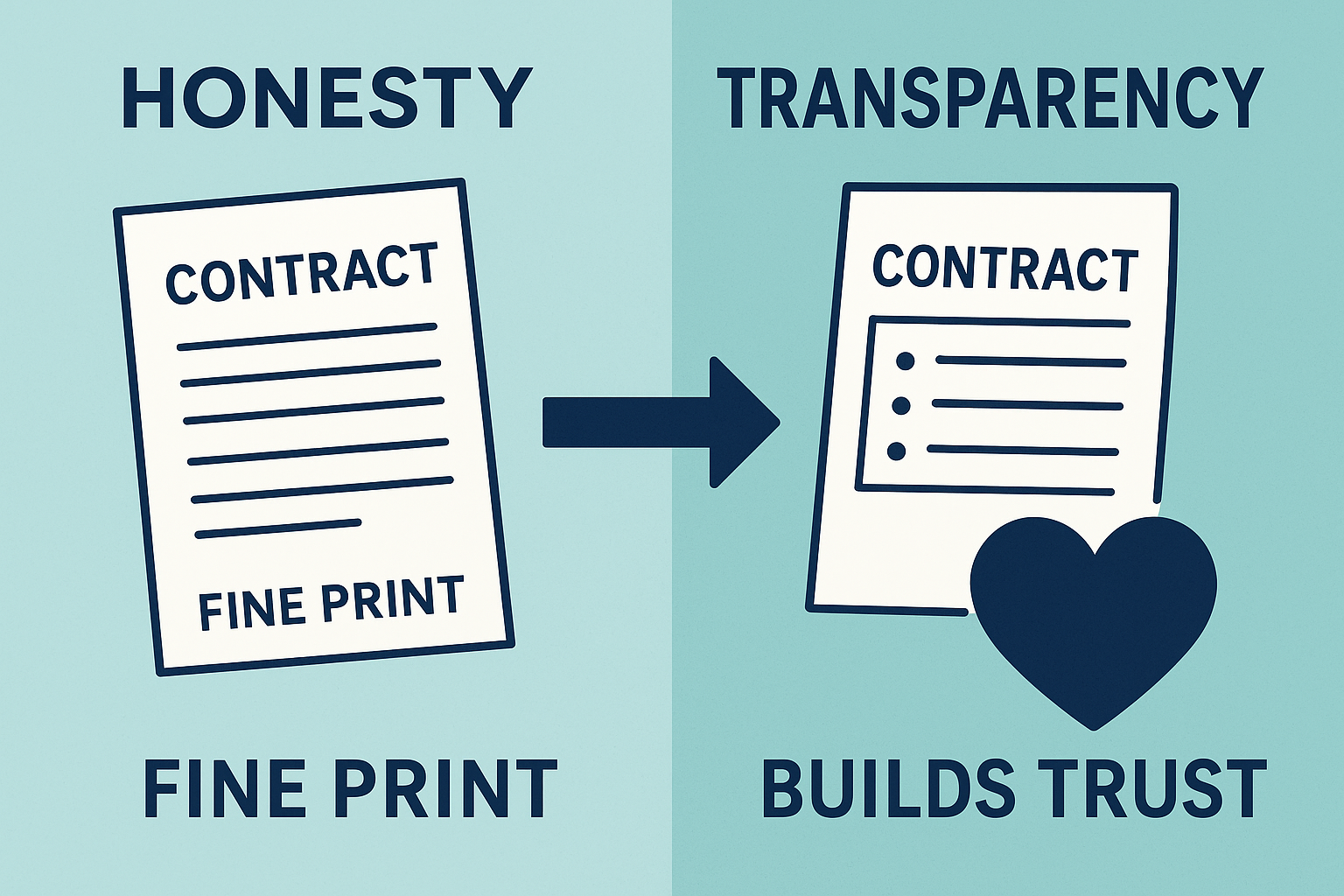 Infographic showing the difference between honesty (fine print) and transparency (clear bullet points) in contracts, with transparency leading to trust.