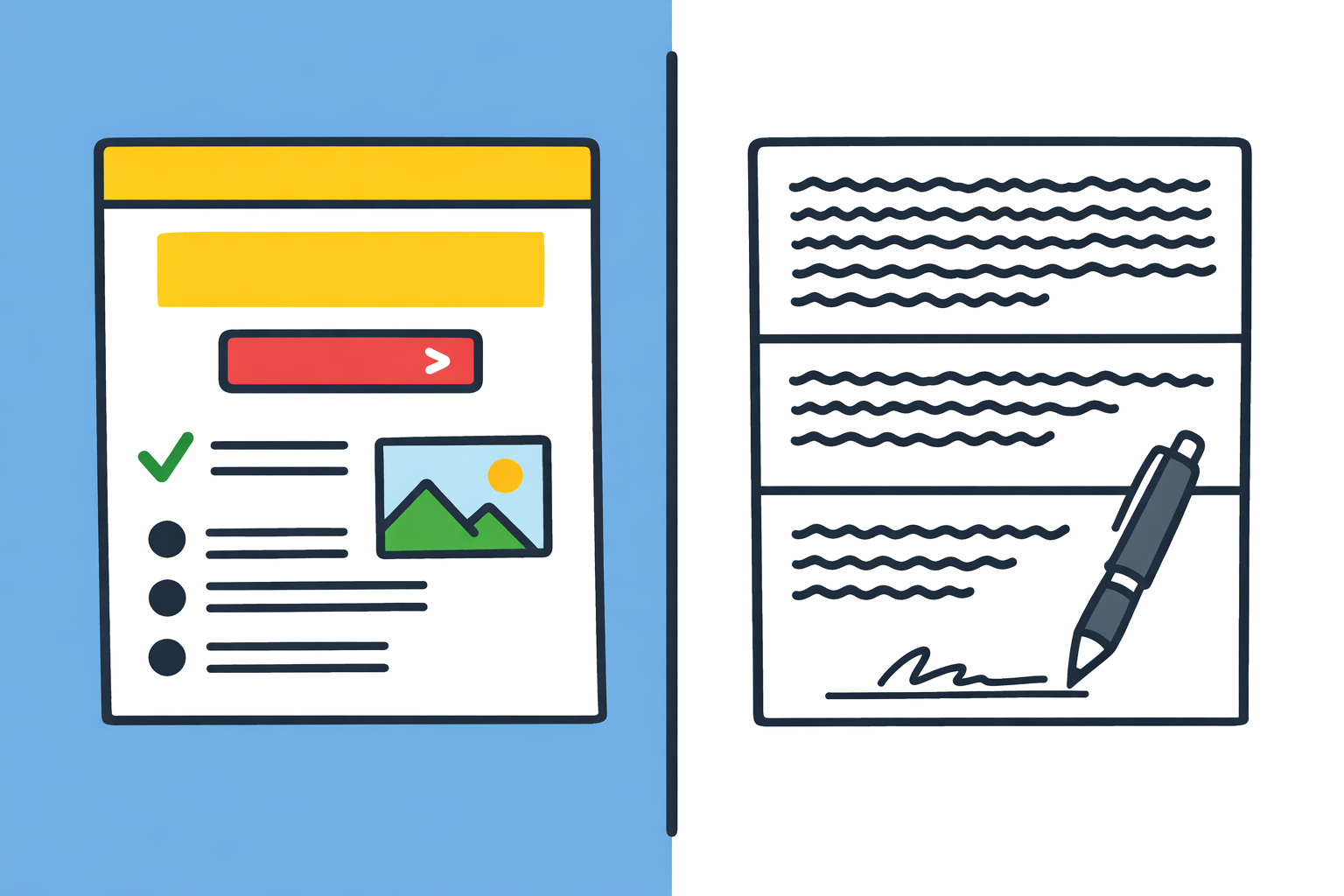 Simple cartoon illustration split in two showing a colourful marketing webpage with clear layout and call to action on the left, and a dense text contract with a pen and signature on the right, highlighting the contrast in user experience.