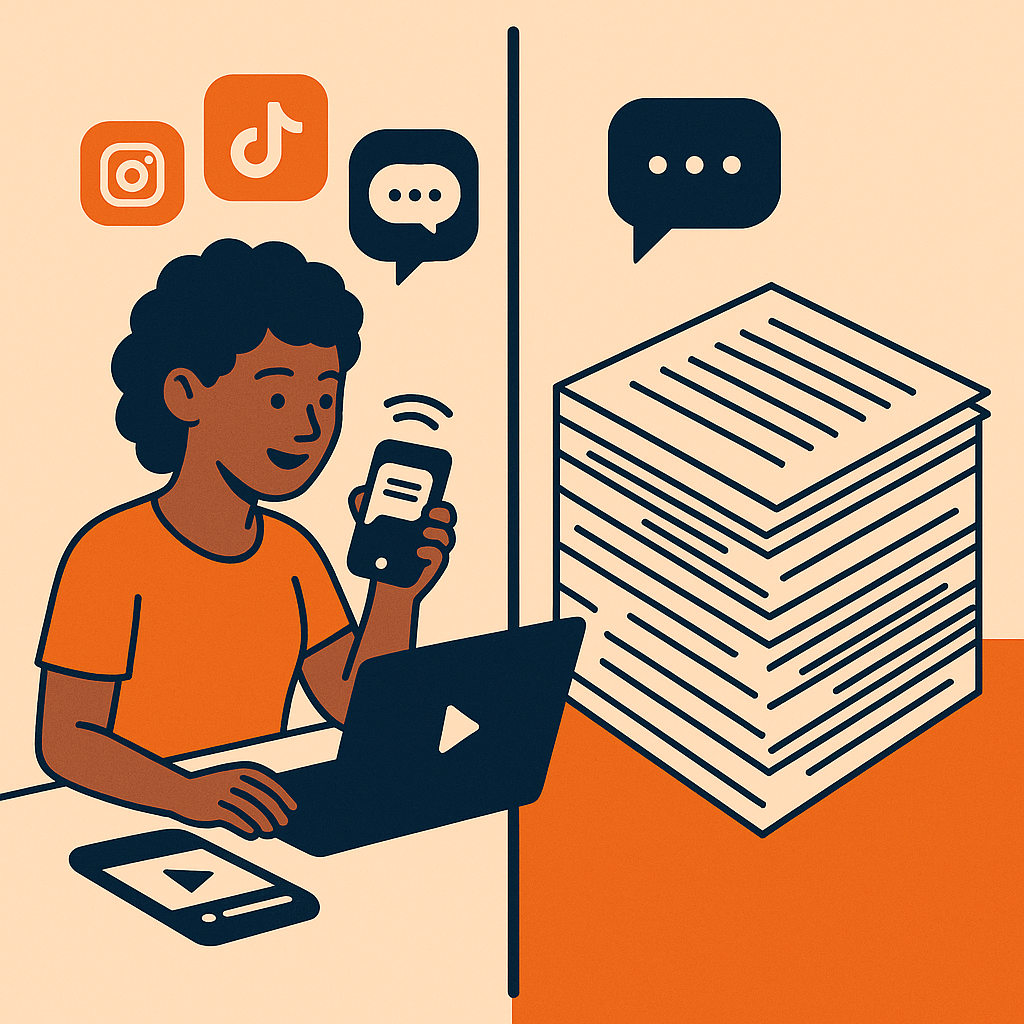 Illustration comparing a modern client using digital tools like video and messaging apps with a traditional stack of printed legal documents.