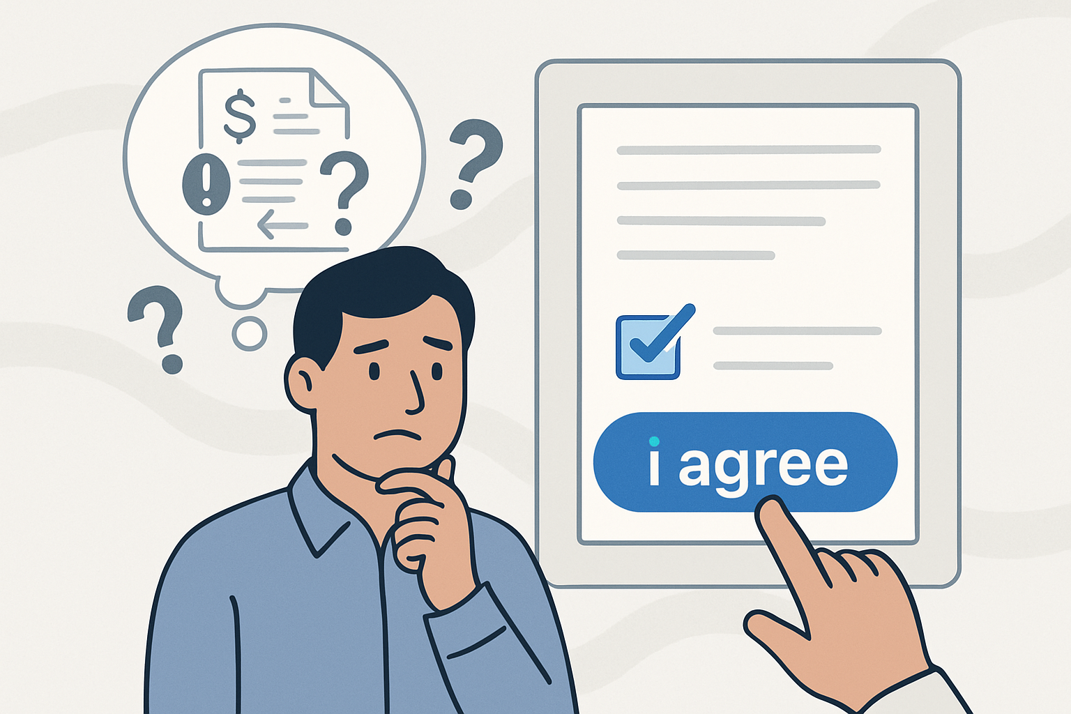 Illustration of a confused person thinking about unclear contract terms while a hand prepares to tap an “I agree” button on a digital agreement.