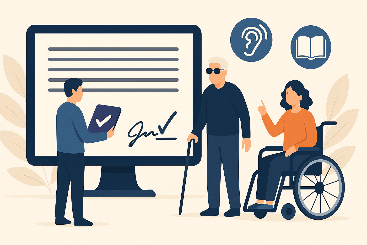 Flat-style illustration showing diverse users engaging with a digital contract, including a person with a cane, a woman in a wheelchair, and icons representing accessibility and understanding.