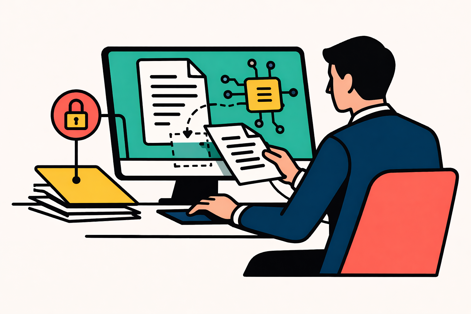 Flat illustration of a solicitor reviewing an engagement letter on a computer while AI analyses the document in the background