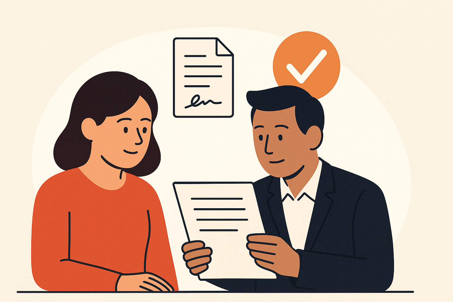 Illustration of two people reviewing a contract together, with a checkmark symbol above, representing shared understanding and trust in agreements.