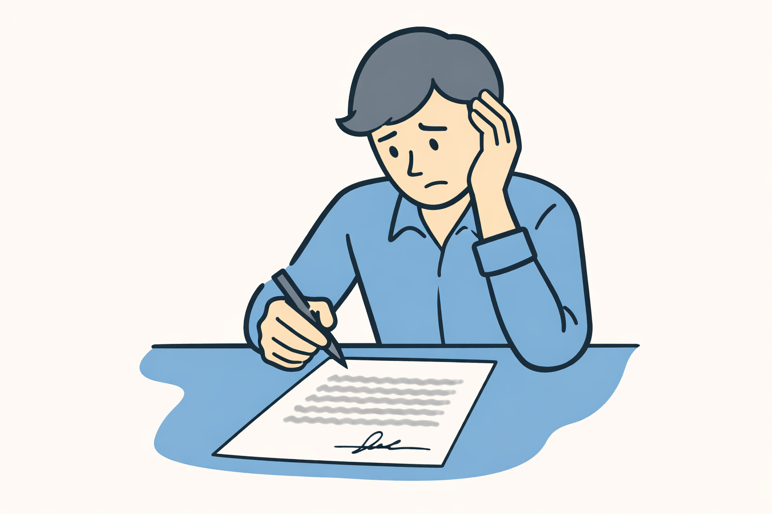 Illustration of a person preparing to sign a document while the contract text appears blurred, representing signing without understanding