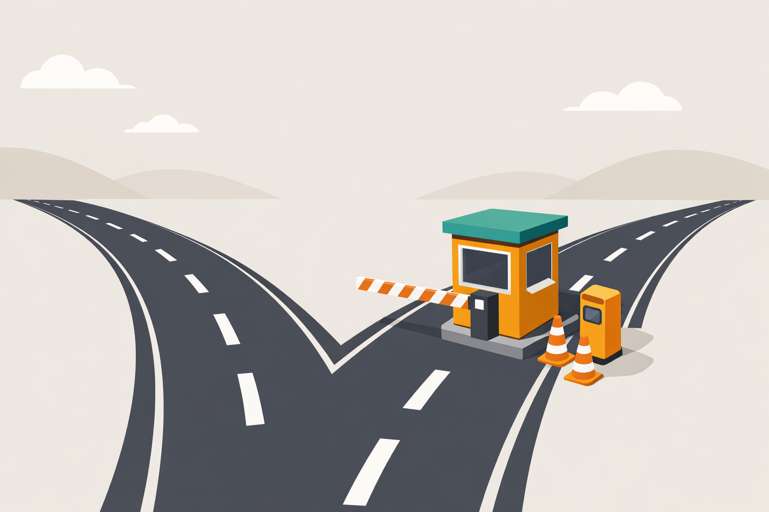 Isometric illustration of a road splitting into two paths, one free and open, one with a toll booth, representing the choice between the FCA's free motor finance redress scheme and using a CMC