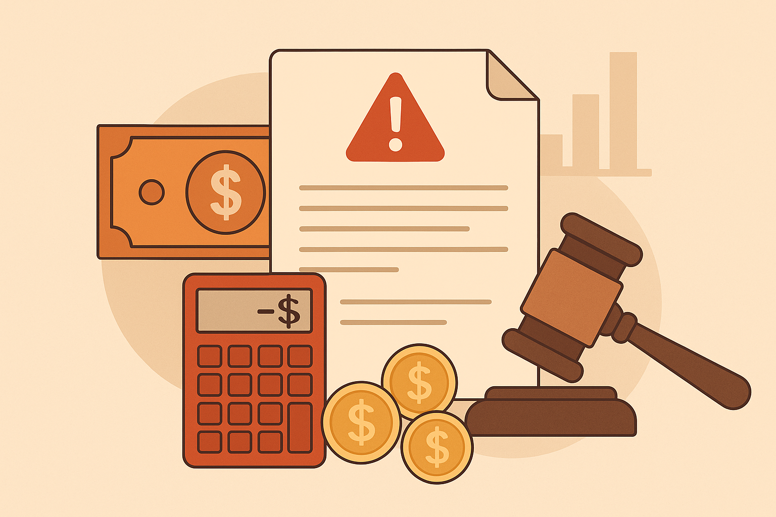 Illustration of money, a warning document, a calculator showing a loss, and a gavel symbolising the financial and legal cost of misunderstandings.