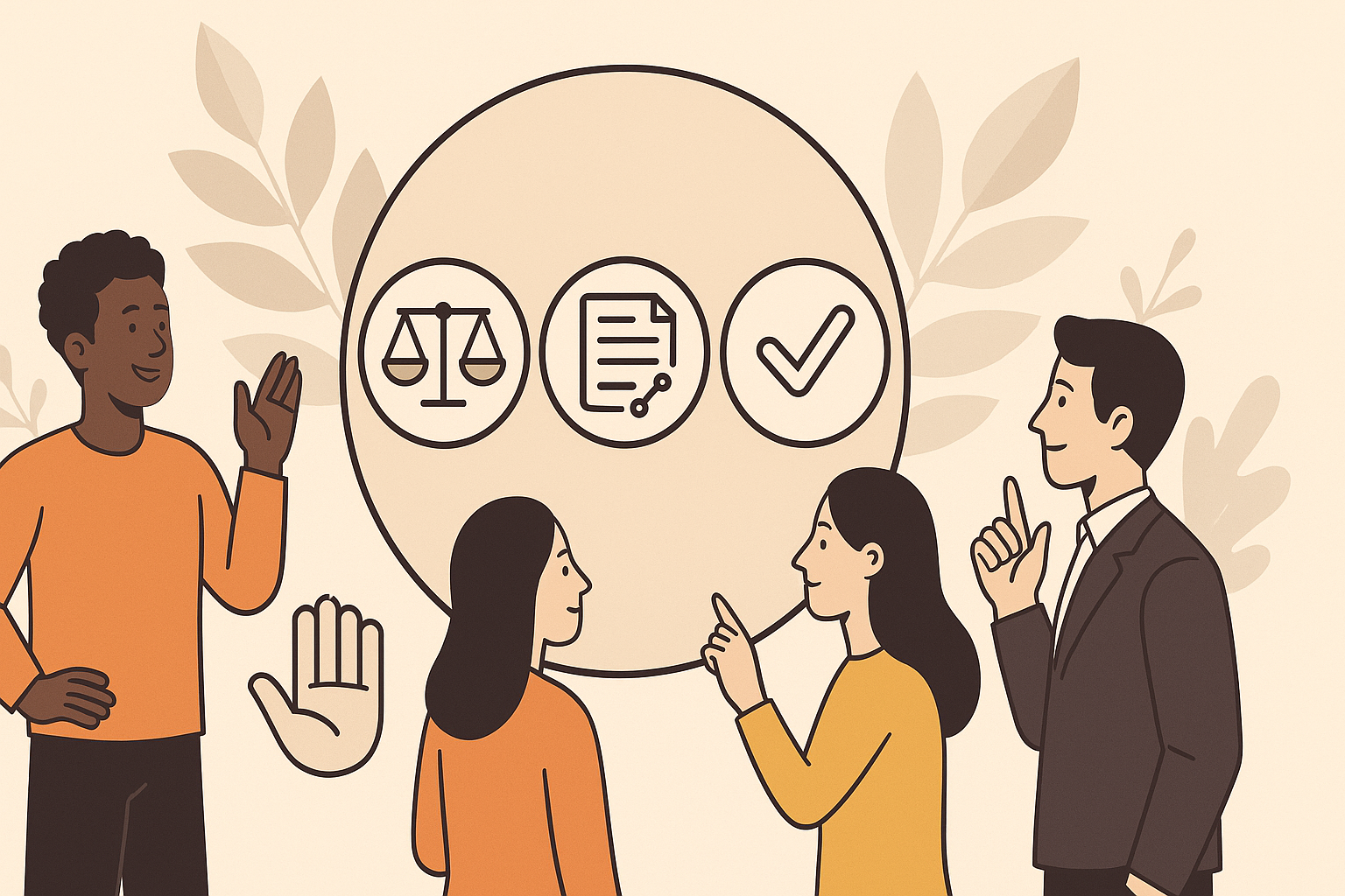 Illustration of four people engaging with icons representing fairness, transparency and simplicity, symbolising core company values in a collaborative setting
