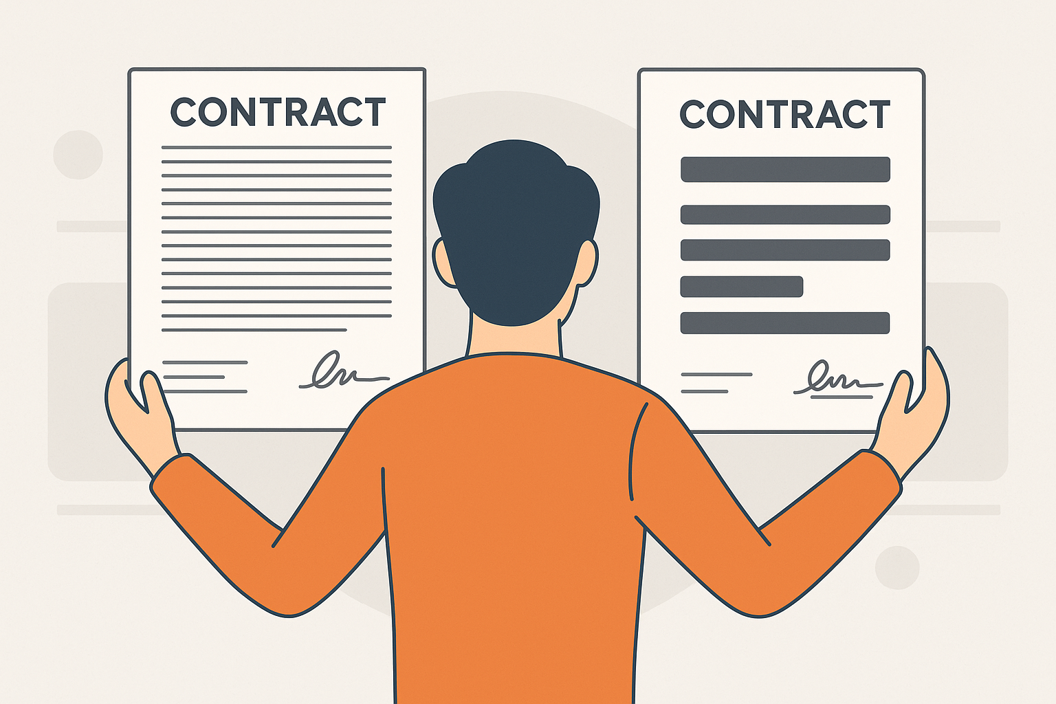 An illustration of a person comparing a complex contract with a clear, simplified version, representing fairness and clarity in digital agreements.