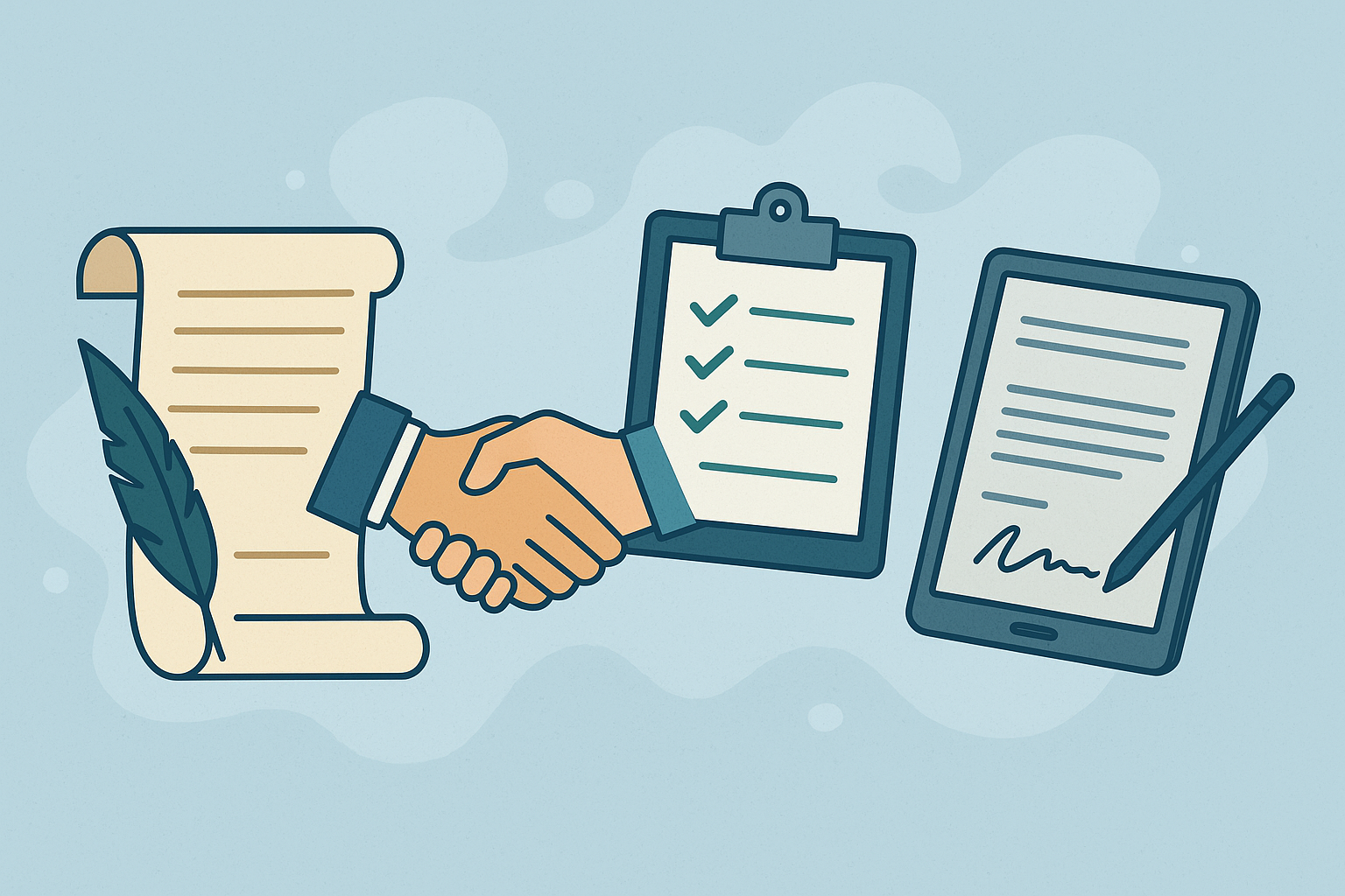 Illustration showing the evolution of agreements, from handshake to digital consent