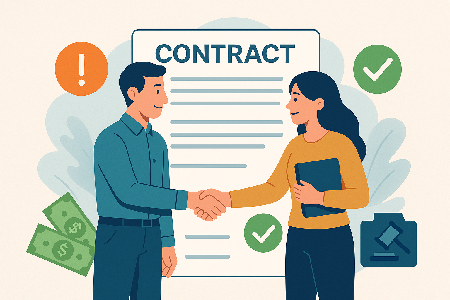 Illustration of two people shaking hands in front of a clear digital contract, symbolising trust, fairness and informed consent in agreements