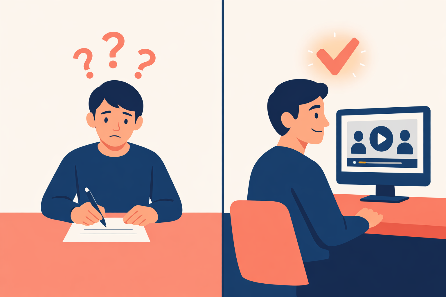 Split illustration showing a person uncertainly signing a document versus confidently understanding a contract through video explanation