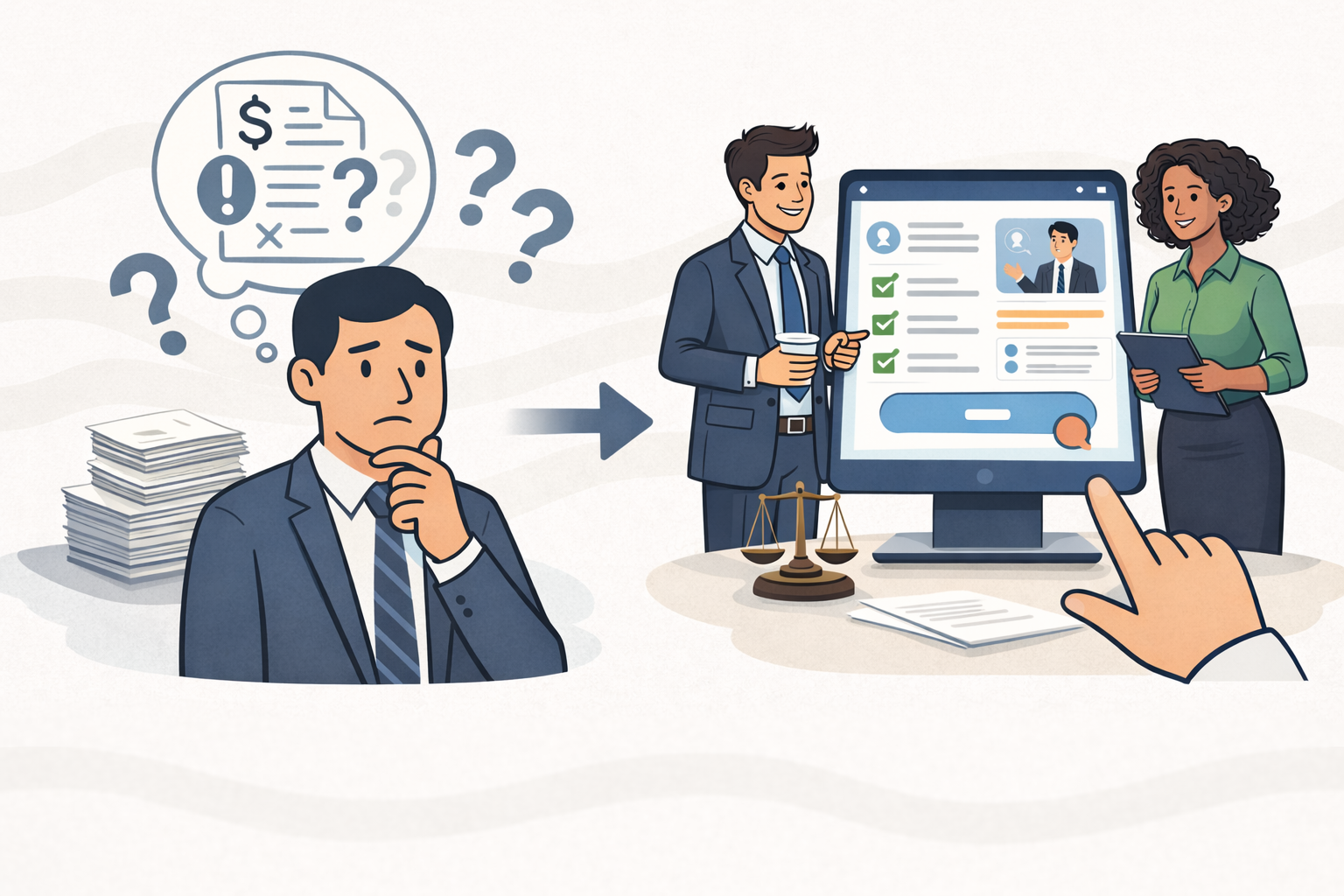 Illustration showing a law firm moving from confusing contracts to clear, informed client agreements using digital legal technology