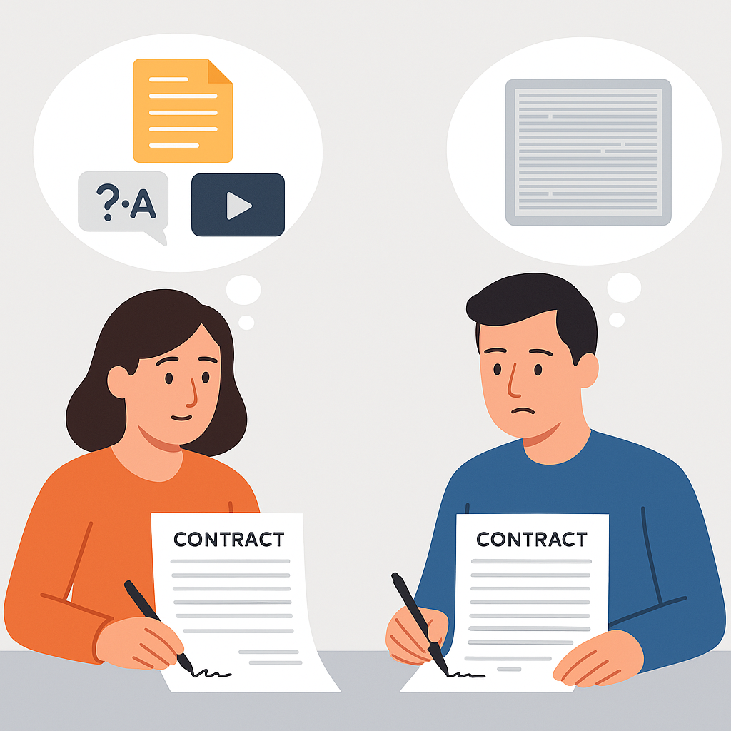 Illustration of two people signing contracts, one with helpful context like summaries, Q&A, and videos, the other with only dense fine print, showing how missing context leads to misunderstandings.
