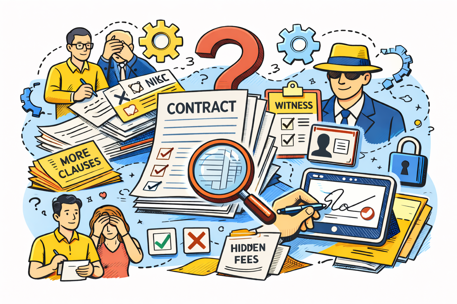 Illustration showing modern contracts doubling down on broken assumptions, with complex clauses, signatures, witnesses, and hidden fees creating confusion instead of understanding