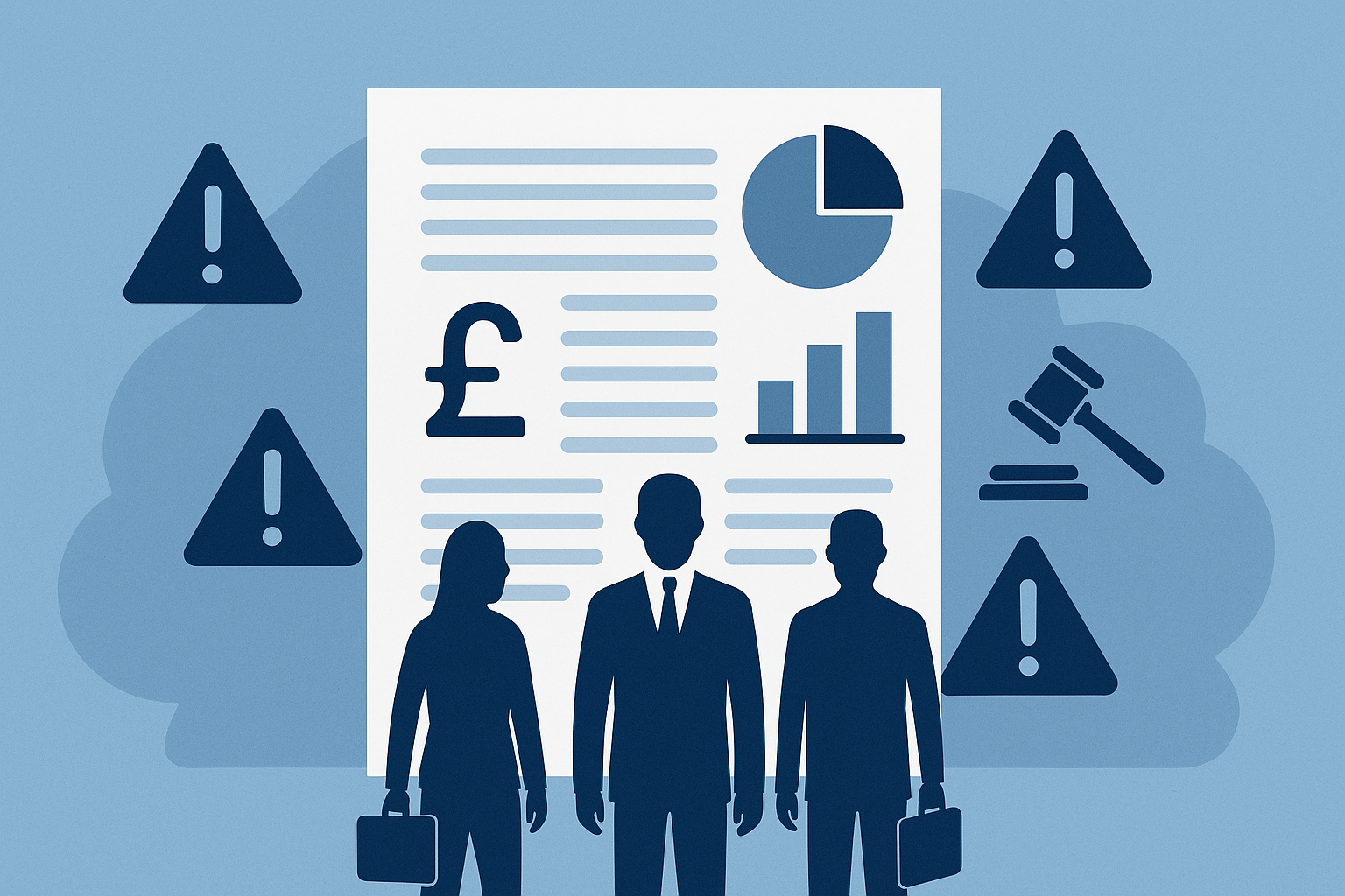 Illustration of three silhouetted professionals standing in front of a large document with financial symbols, charts, and warning signs, representing regulatory scrutiny over motor finance claims.