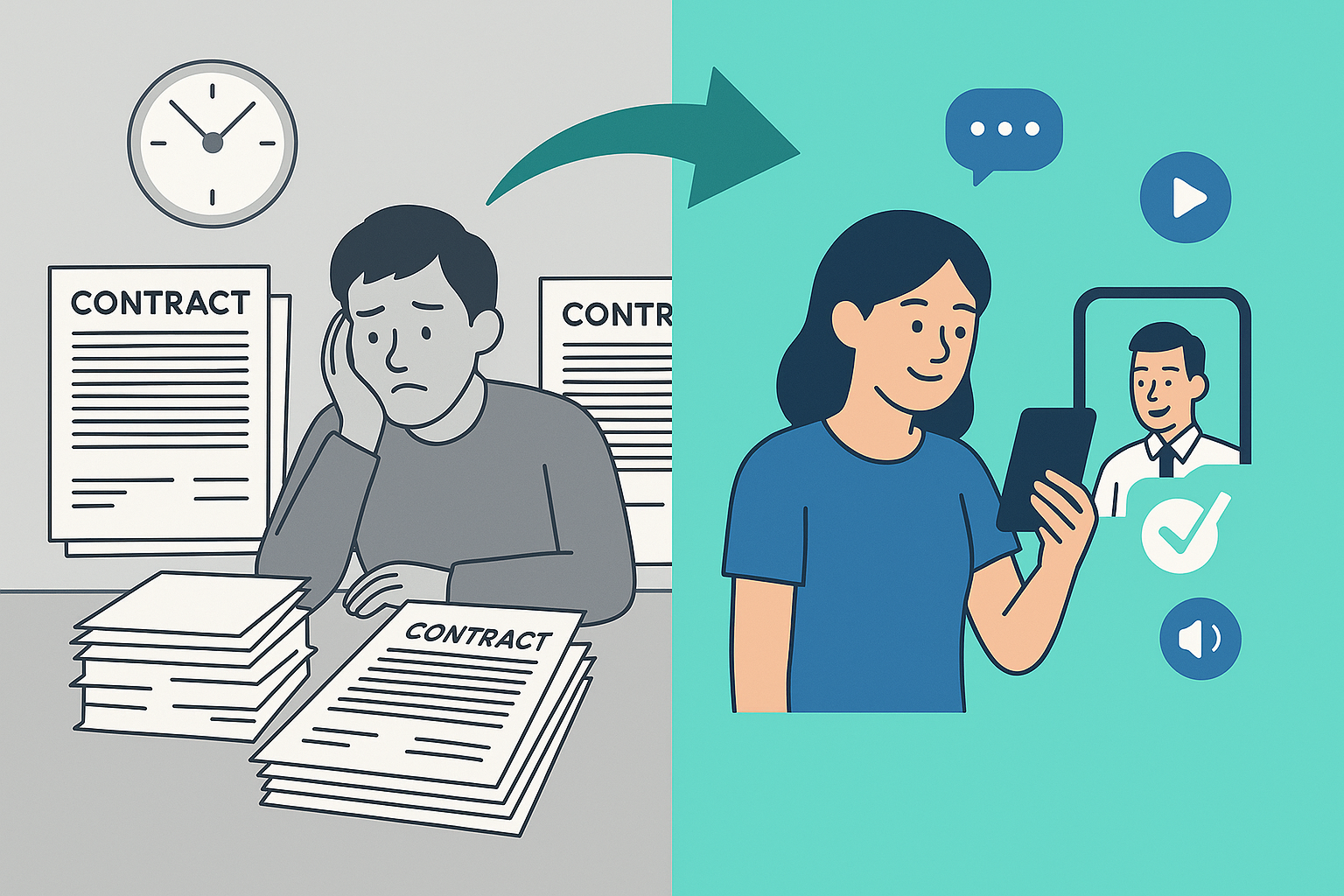 Illustration showing the transition from outdated paper contracts to modern digital agreements with video, chat, and audio options, representing how i agree meets younger generations’ expectations.