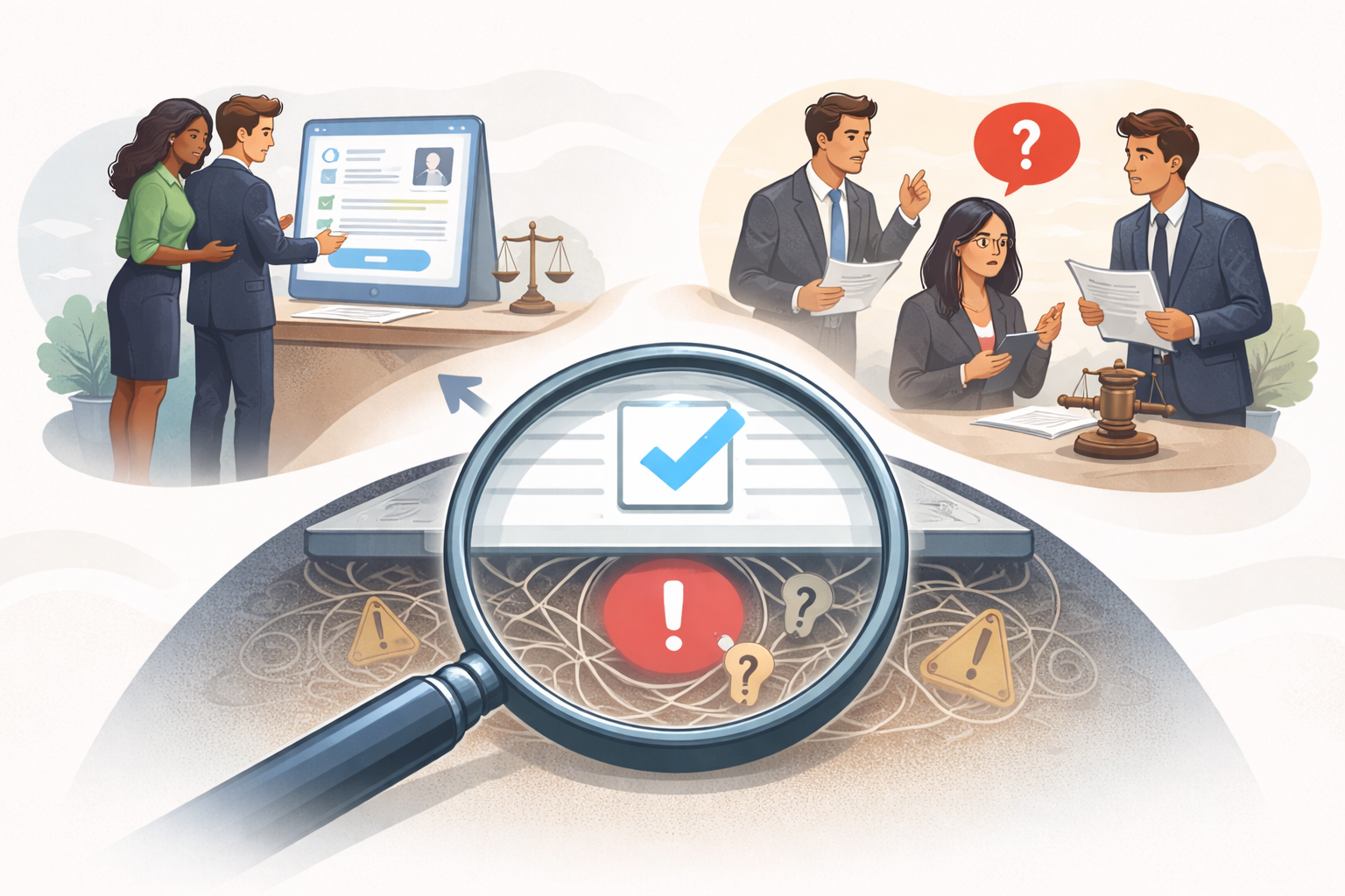 Illustration showing a hidden risk beneath a completed onboarding agreement, where early misunderstandings lead to future disputes and complaints