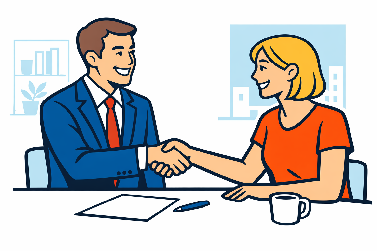 Flat style illustration of a suited professional and a smiling customer shaking hands in agreement