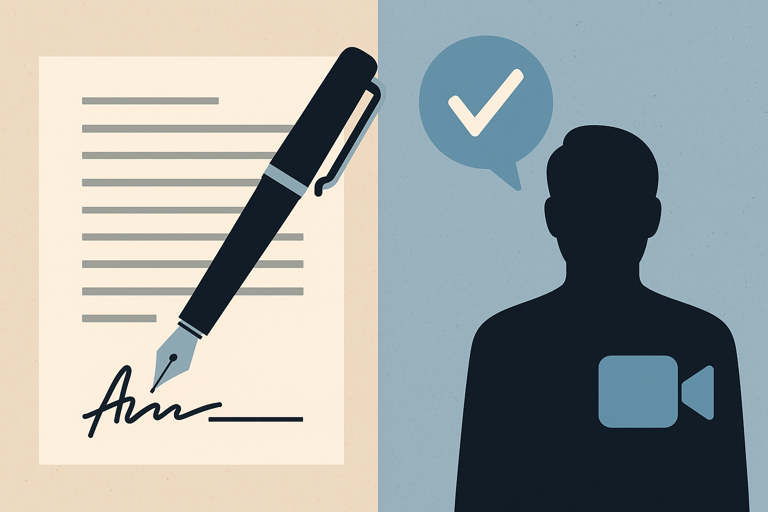Split illustration showing a fountain pen signing a paper on one side and a silhouette with a speech bubble and video icon on the other, representing traditional signatures versus modern, informed consent.
