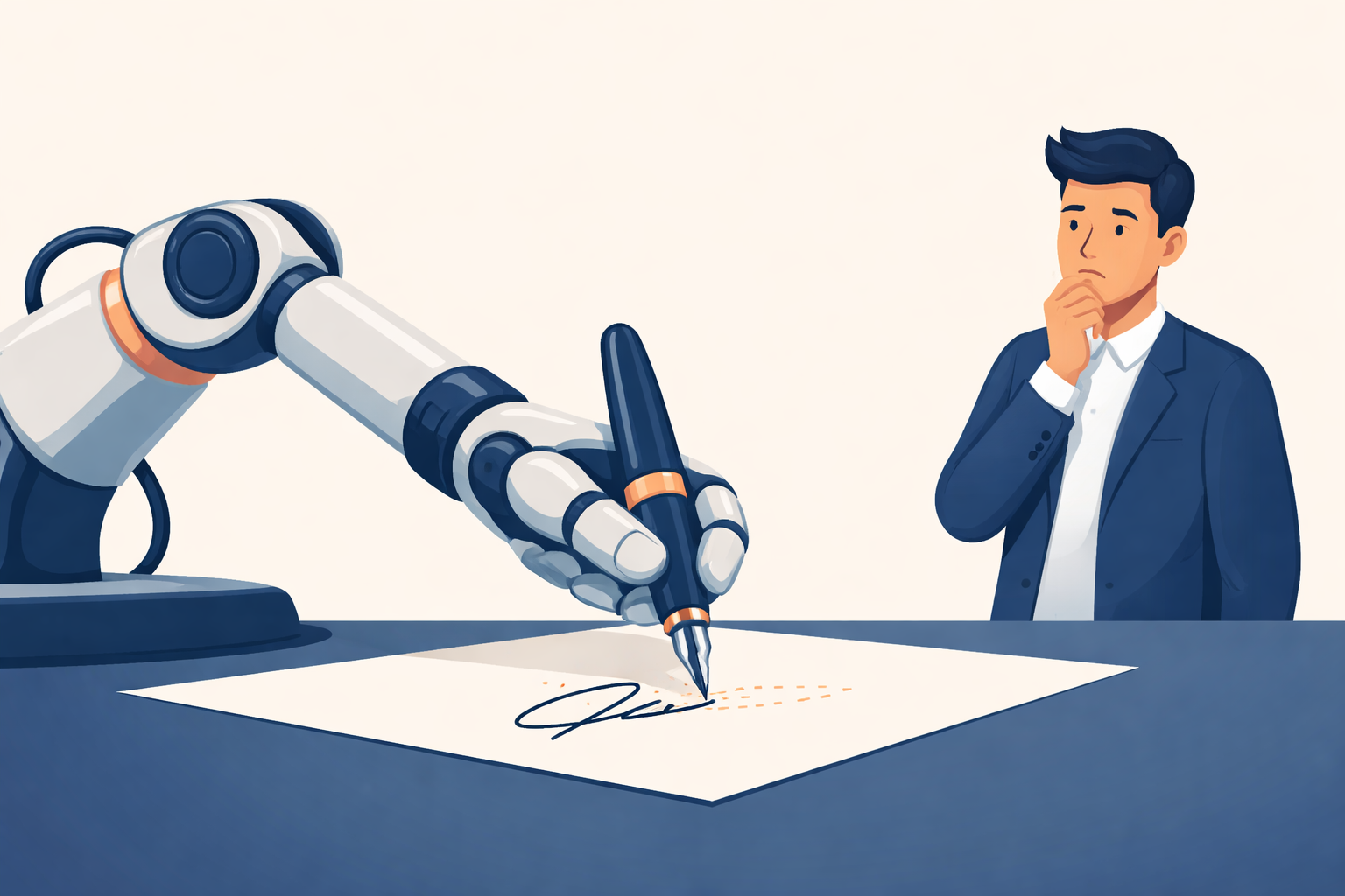 A flat vector illustration of a robotic arm signing a document with a fountain pen while a human stands nearby looking uncertain, representing lack of clarity or understanding in agreements