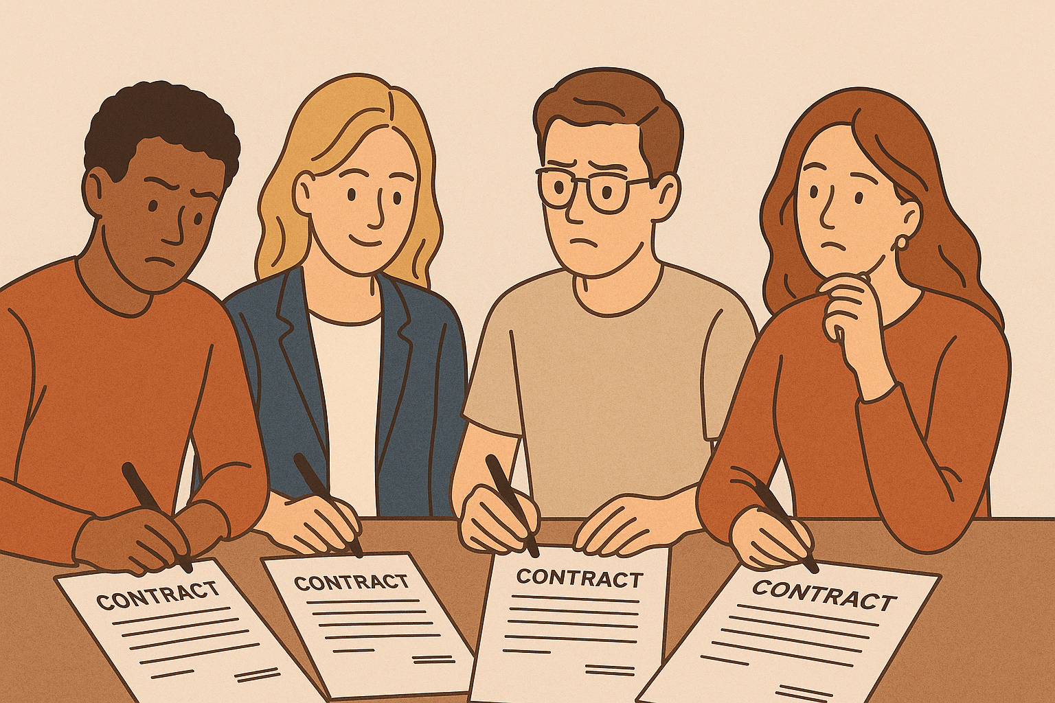 illustration of four people from different backgrounds signing identical contracts at a table, each showing different emotions and levels of understanding.