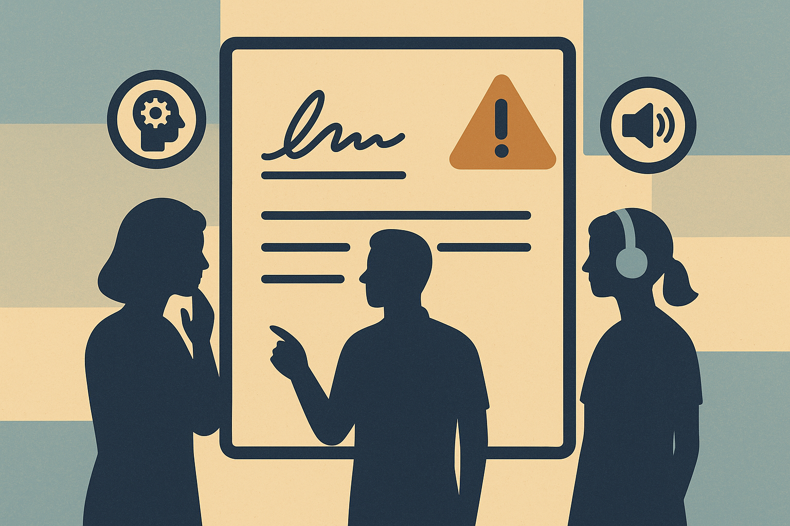 Illustration of three silhouetted people engaging with a document, featuring a signature, warning icon, thought and sound symbols — representing accessibility and informed consent for vulnerable clients.