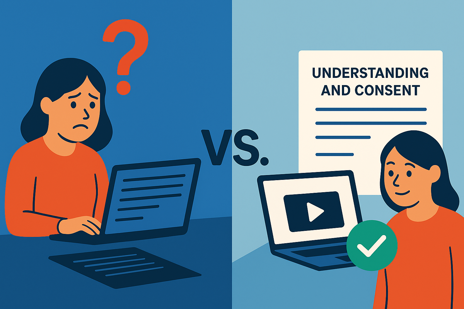 Illustration showing the difference between signing without understanding and informed consent. On the left, a confused woman sits at a laptop with a question mark overhead. On the right, the same woman looks confident, reviewing a consent form and watching a video explanation, with a green checkmark beside her.