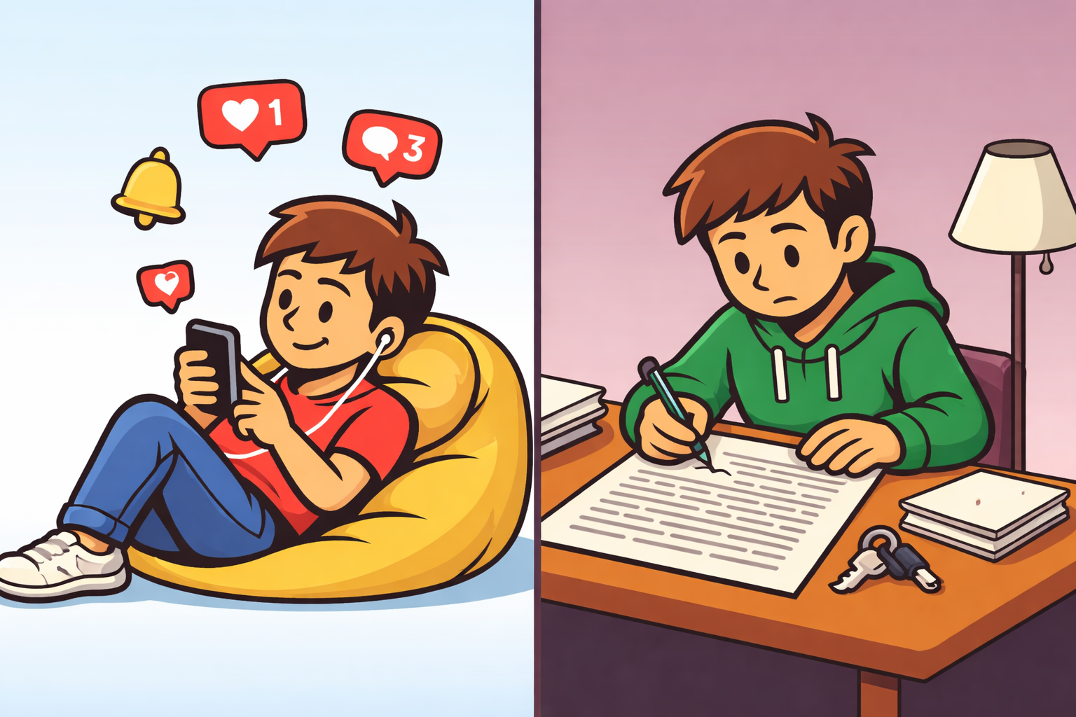 Cartoon illustration of a student scrolling on a phone beside the same student signing a tenancy agreement, highlighting how people accept terms and conditions without reading them