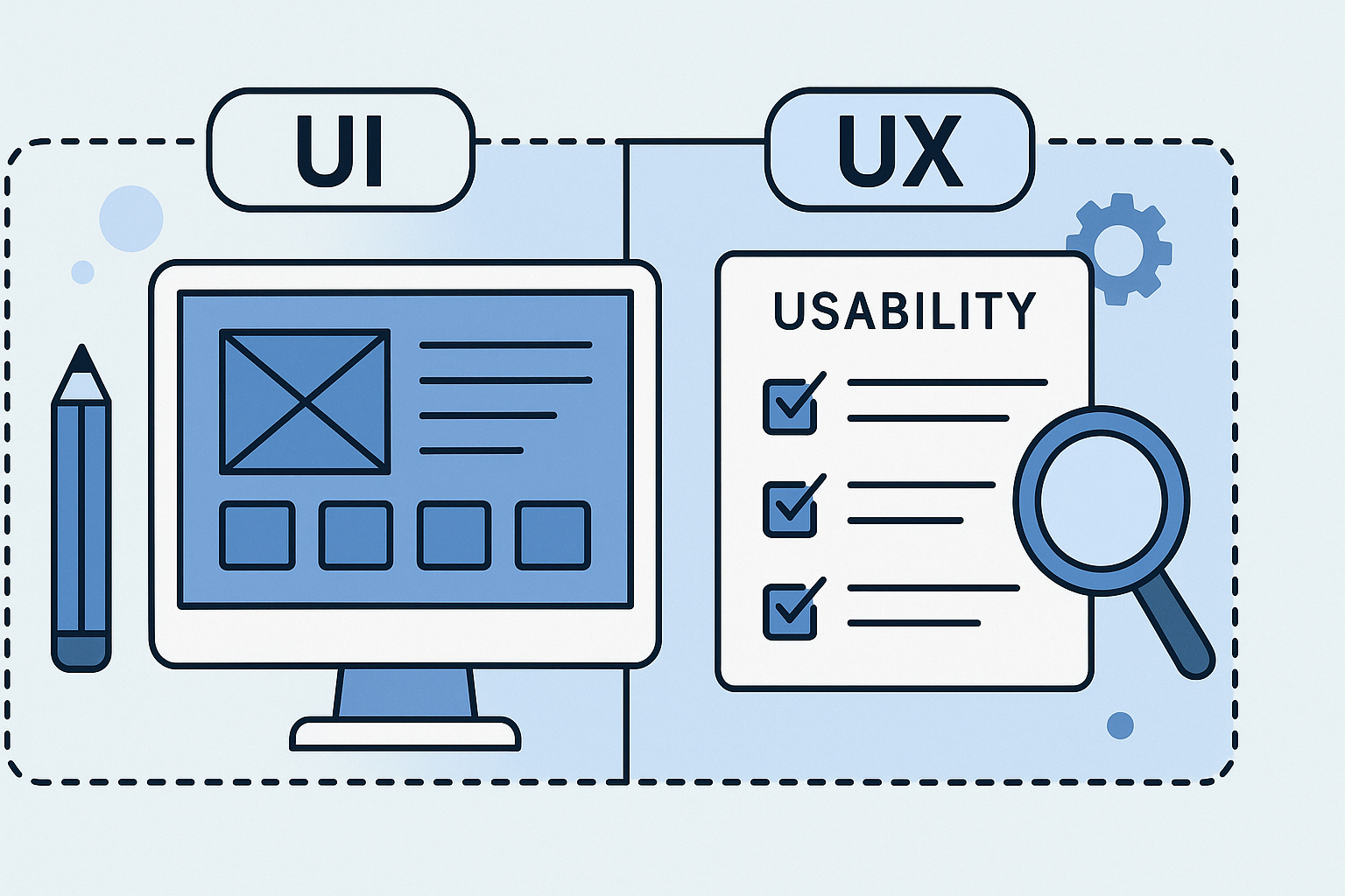 Wide digital illustration showing a split-screen concept of UI and UX design, featuring a wireframe interface and a usability checklist to highlight user-focused design principles