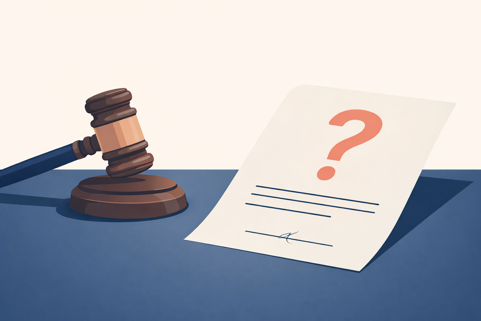 A flat vector illustration of a judge’s gavel beside a legal document where a question mark appears above the signature line instead of a signature, representing uncertainty in agreement