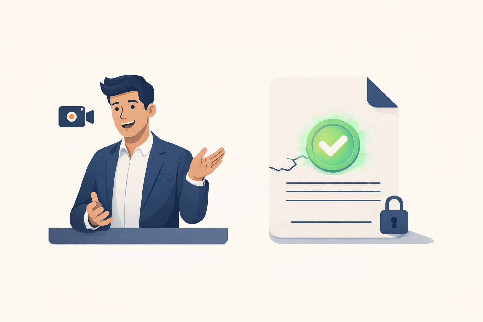 A flat vector illustration of a person recording themselves next to a document with a glowing checkmark and padlock, representing clear communication and secure, informed agreement