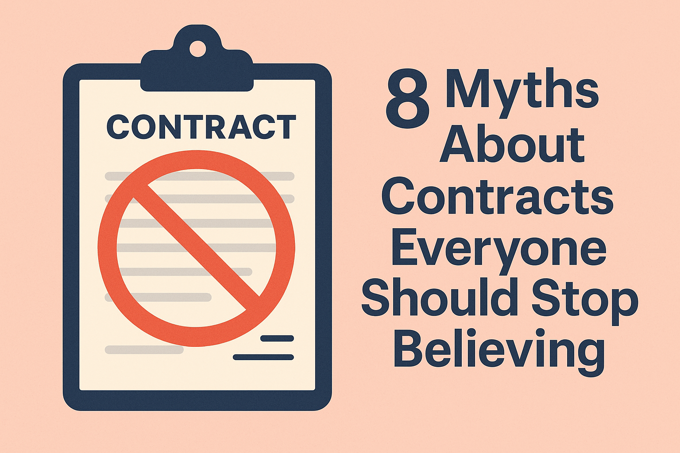 Illustration of a clipboard with a contract crossed out beside the title "8 Myths About Contracts Everyone Should Stop Believing"