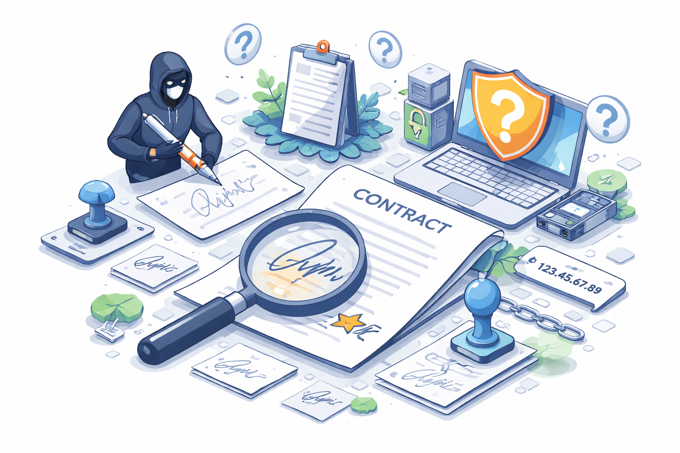 Illustration showing how signatures can be forged, reused, or fail to prove identity and consent in contracts