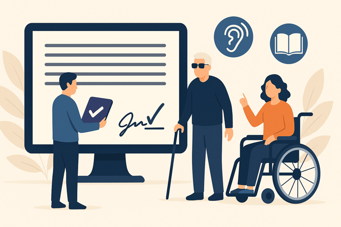 Flat-style illustration showing diverse users engaging with a digital contract, including a person with a cane, a woman in a wheelchair, and icons representing accessibility and understanding.