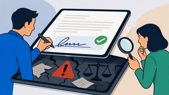 Illustration of an electronic contract being signed while hidden legal risks are revealed underneath, representing how e-signatures can create contestable agreements.