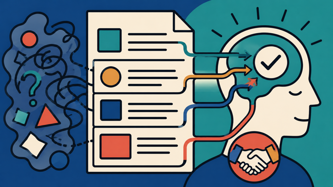 Abstract illustration showing a confusing agreement becoming a clear, understood contract, with document sections flowing into a person’s mind and ending in an informed agreement.