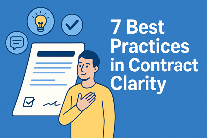 Wide banner illustration with the words “7 Best Practices in Contract Clarity” beside a simplified contract, icons for ideas, communication, and confirmation, and a person placing a hand on their chest to represent trust and understanding.