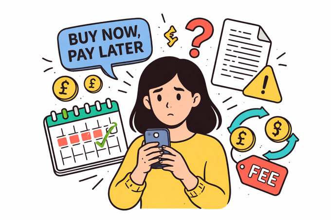 Cartoon style illustration of a confused person looking at a phone surrounded by buy now pay later payment icons, contract documents and warning symbols representing unclear financial agreements.