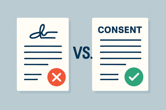 Illustration of two digital documents, one signed and one showing a person thinking, representing the difference between e-signatures and informed consent