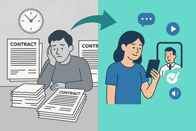 Illustration showing the transition from outdated paper contracts to modern digital agreements with video, chat, and audio options, representing how i agree meets younger generations’ expectations.