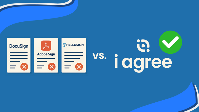 Flat-style illustration comparing traditional e-signature platforms on the left with i agree on the right, showing the i agree logo and a green tick to represent clarity, understanding, and consent.