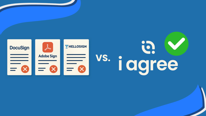 Flat-style illustration comparing traditional e-signature platforms on the left with i agree on the right, showing the i agree logo and a green tick to represent clarity, understanding, and consent.