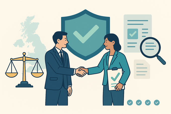 Illustration of a man and woman in business attire shaking hands in front of a shield with a checkmark, with UK map, justice scales, documents, and a magnifying glass representing trust and legal compliance.